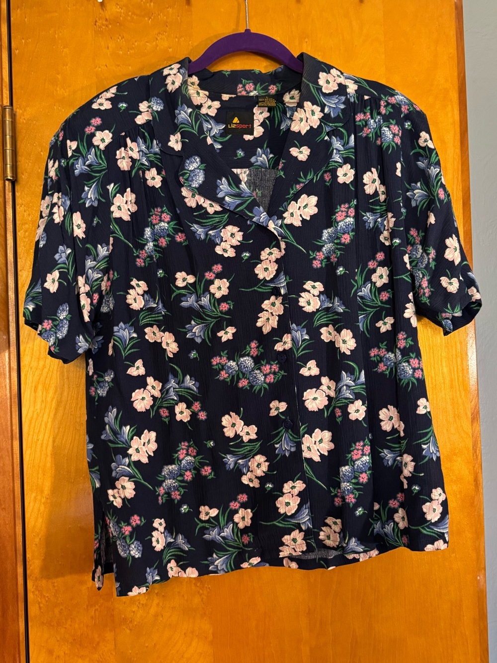 Vintage Lizsport Navy Floral Button-Front Short Sleeve Shirt and Matching Skirt